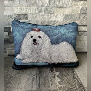 Maltese Shih Tzu  Vintage Tapestry Throw Accent Pillow Blue White Rectangle